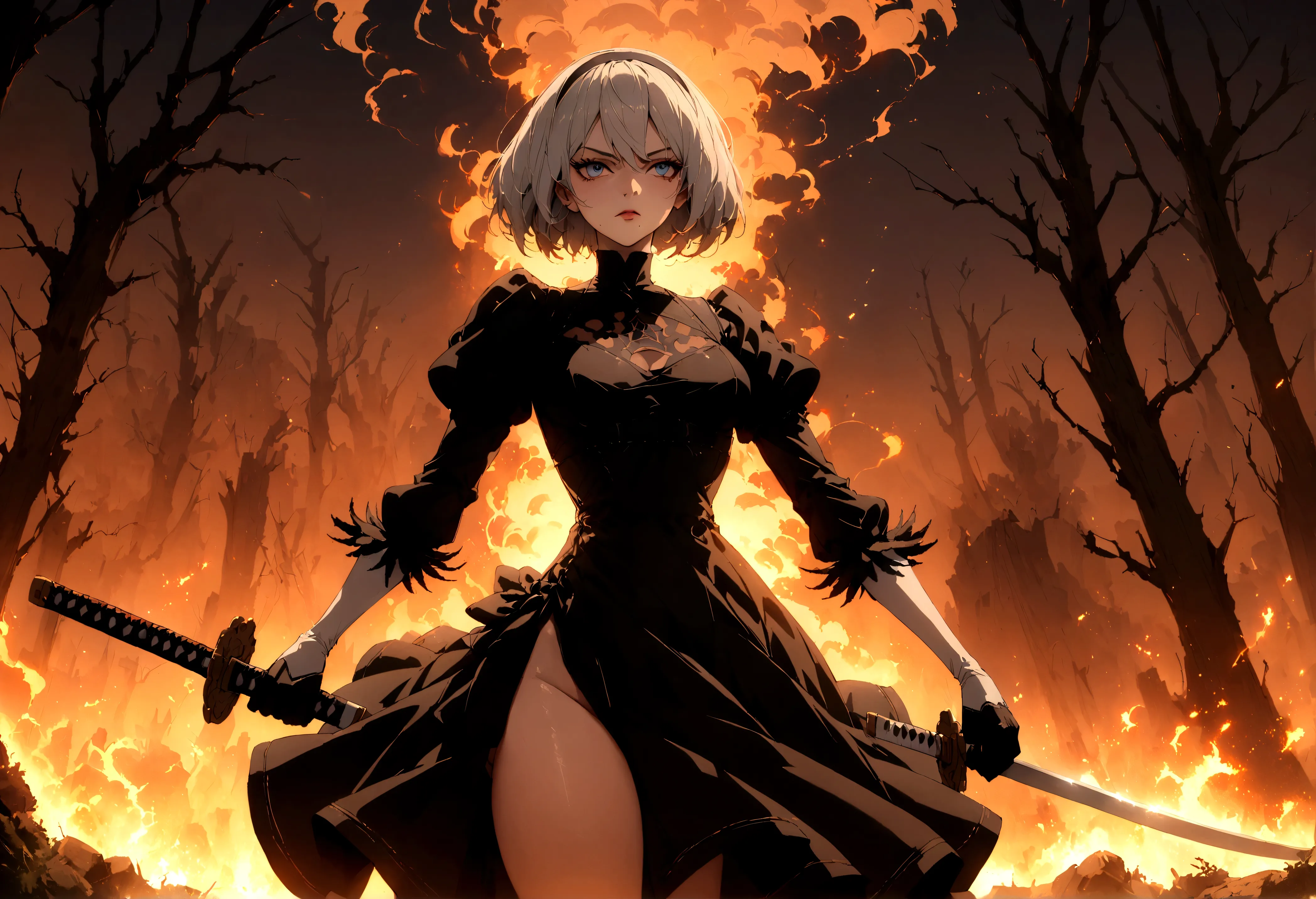 2b,(work of art), ultra detaild, fully body, soft hair, black gown, neckleace, Action, battle pose, standing with legs open, kat...