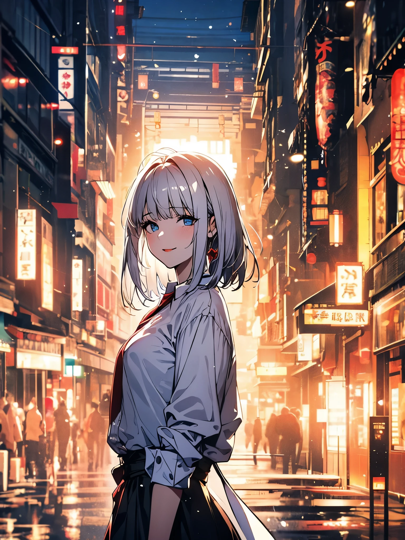 (extremely delicate and beautiful: 1.2), 1 girl, bangs straight, blue colored eyes, blur, blur background, 弓, White hair, long sideburns, low-cut button-down shirt, get away, lateral view, hair over eyes, hair 弓, latern, Light particles, long folded sleeves, look looking at the audience, short bob hair, natta, red 弓, standing alone, stele(symbol), trunk, ssmile, Red lips