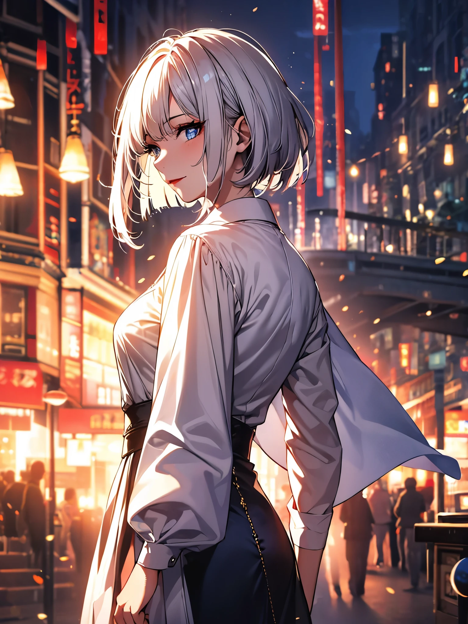 (extremely delicate and beautiful: 1.2), 1 girl, bangs straight, blue colored eyes, blur, blur background, 弓, White hair, long sideburns, low-cut button-down shirt, get away, lateral view, hair over eyes, hair 弓, latern, Light particles, long folded sleeves, look looking at the audience, short bob hair, natta, red 弓, standing alone, stele(symbol), trunk, ssmile, Red lips