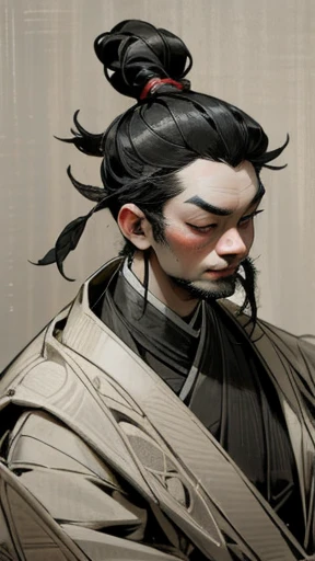 Oriental、Man in simple ancient Chinese costume、ancient chinese hairstyle male、Highest quality、masterpiece、Ultra-high resolution、(Realistic:1.4)、Game Poster、Crisp and beautiful image quality,Embroidered cloth wrapped around a topknot、Feather fan、Black clothes、