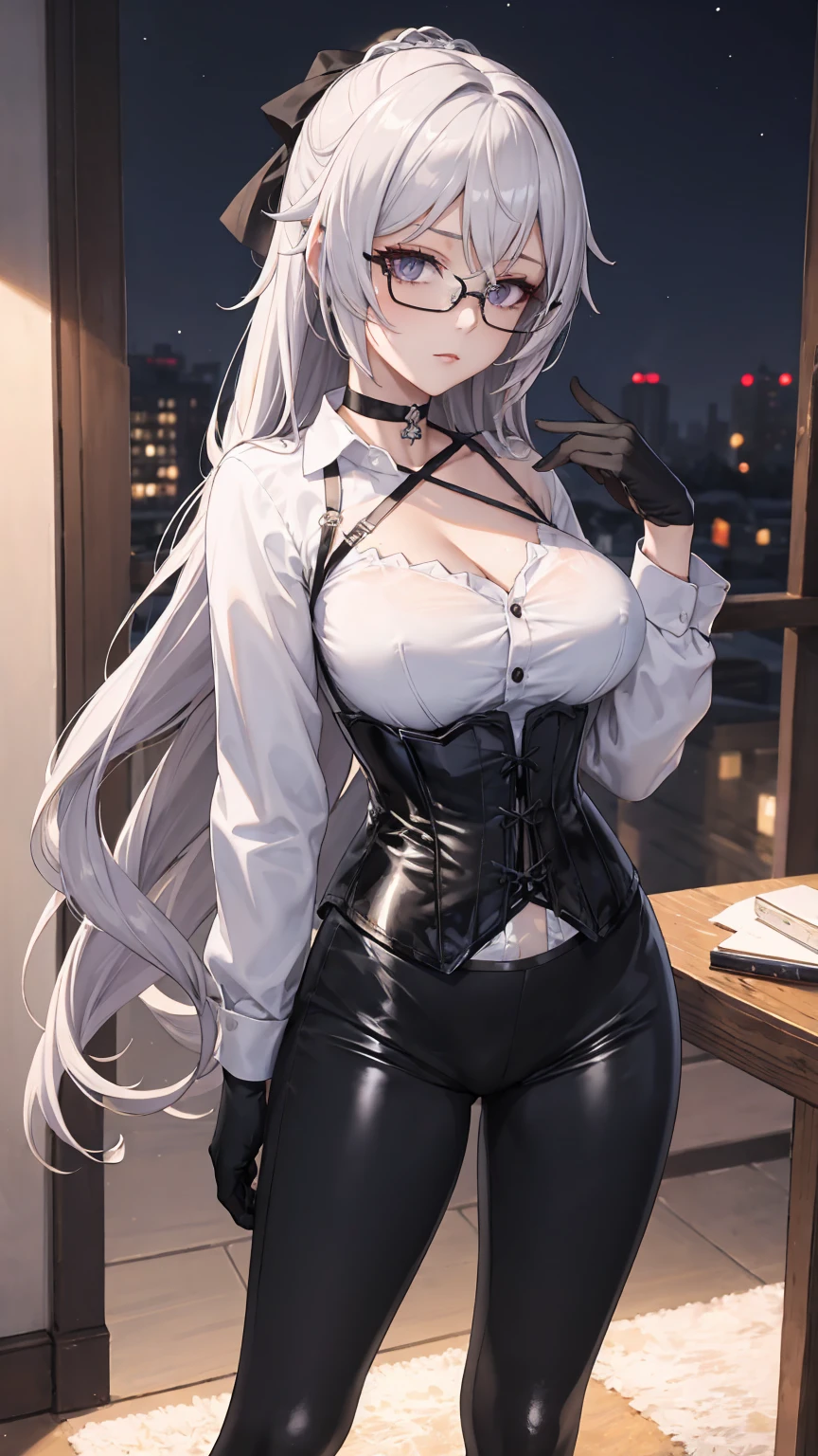 Masterpiece, Beautiful art, professional artist, 8k, detailed body, Very detailed face, very detailed eyes, Detailed clothing, detailed fabric, Best Quality, better resolution, 1 girl, bronya zaychik \(Honkai Impact 3rd\), front view, standing, big breasts, serious expression, At night , long silver hair, glasses, choker:1.6, (white collar button down long sleeve shirt), (shiny black corset), black gloves that cover your hands, (shiny black leggings), looking at the viewer, elegant room, At night