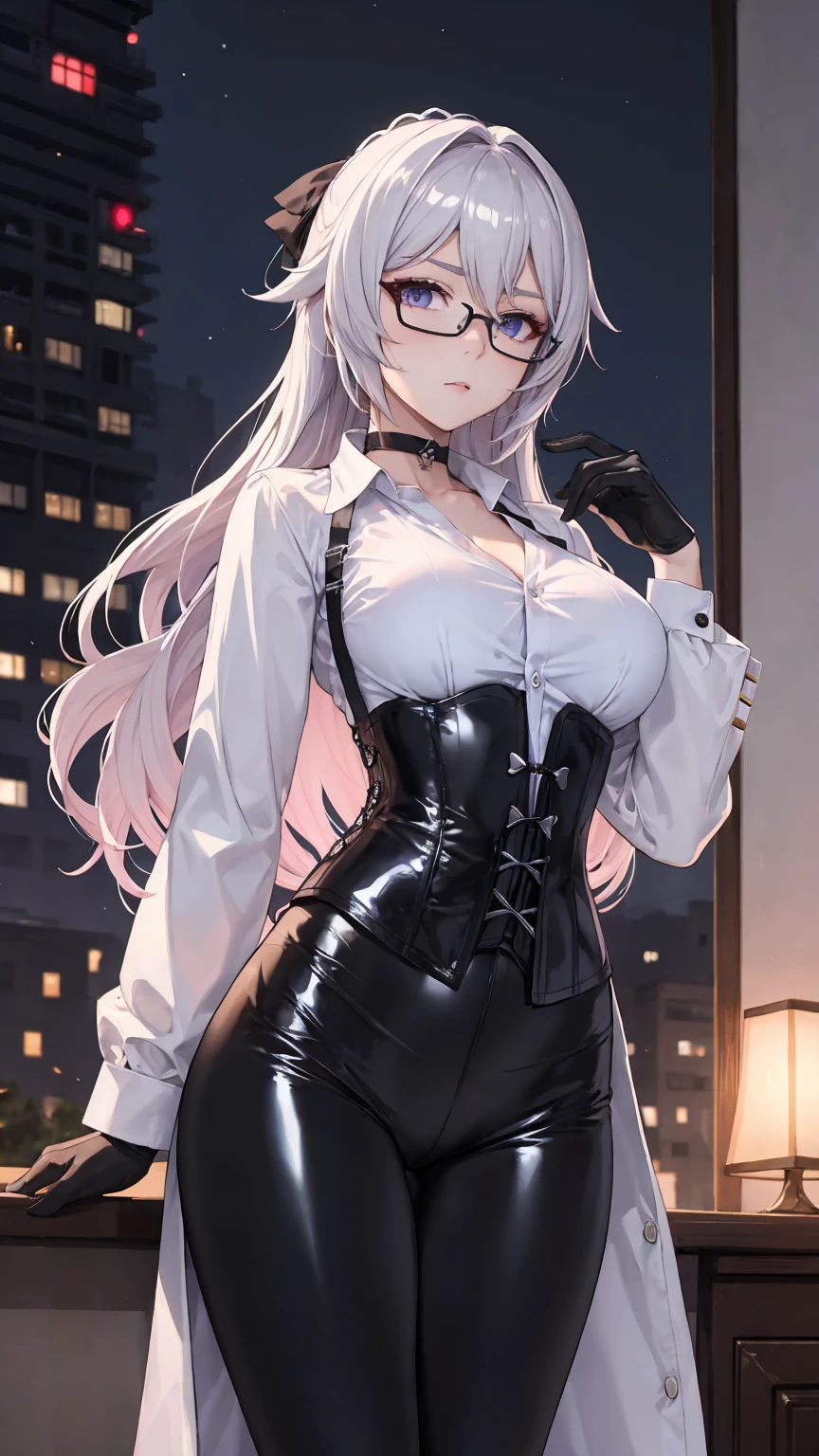 Masterpiece, Beautiful art, professional artist, 8k, detailed body, Very detailed face, very detailed eyes, Detailed clothing, detailed fabric, Best Quality, better resolution, 1 girl, bronya zaychik \(Honkai Impact 3rd\), front view, standing, big breasts, serious expression, At night , long silver hair, glasses, choker:1.6, (white collar button down long sleeve shirt), (shiny black corset), black gloves that cover your hands, (shiny black leggings), looking at the viewer, elegant room, At night