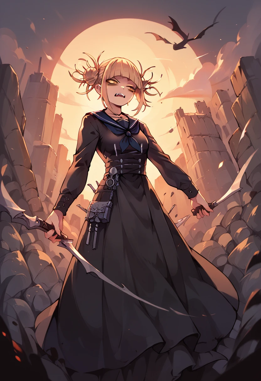 Himiko toga in a war landscape and dressed in a black gothic dress while she is shooting with an AK-47 (whole body)