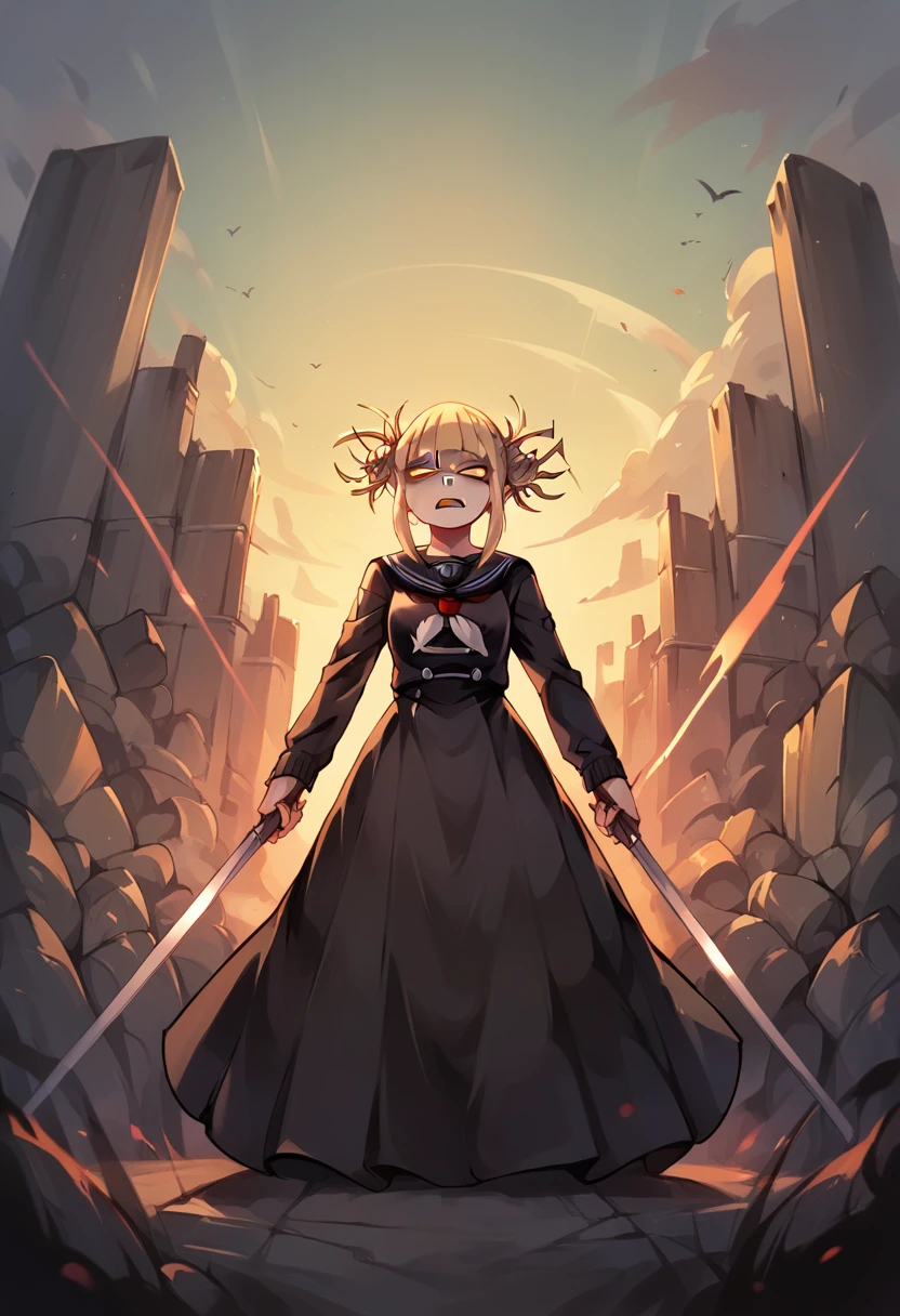 Himiko toga in a war landscape and dressed in a black gothic dress while she is shooting with an AK-47 (whole body)