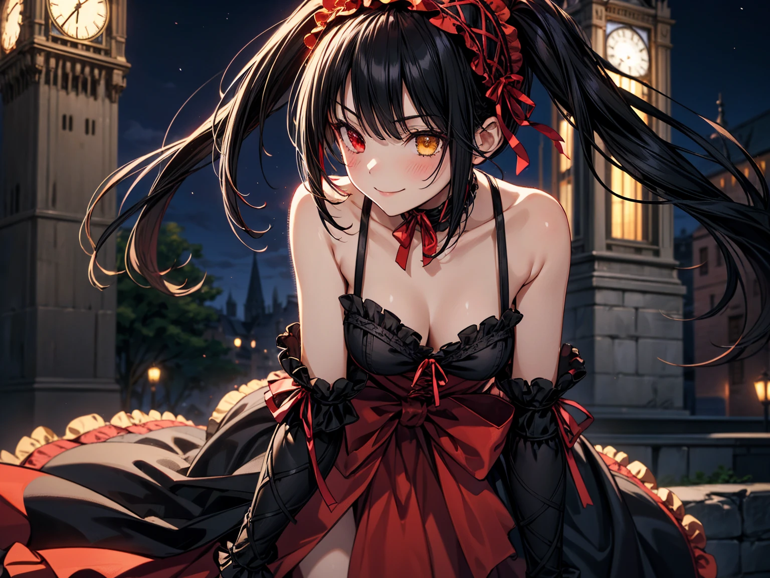 Very detailed, highest quality, masterpiece, gravure body type, medium breasts, moody angle, cowboy shot,( 1girl, solo:1.5), aakurumi, long hair, twintails, hairband, heterochromia, medium breasts, cleavage, black choker, red ribbon, bare shoulders, gothic, red dress, red bow, detached sleeves, very detailed background, outdoors, smile, Confident posture, night, city,( Clock tower in the background), leaning forward, wind