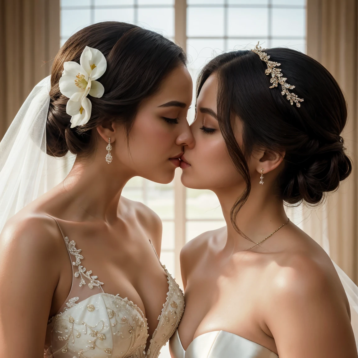 (masterpiece, highest quality, official art, beauty and aesthetic), perfect anatomy, two stunning bride is deeply in love with each other, kiss, flower