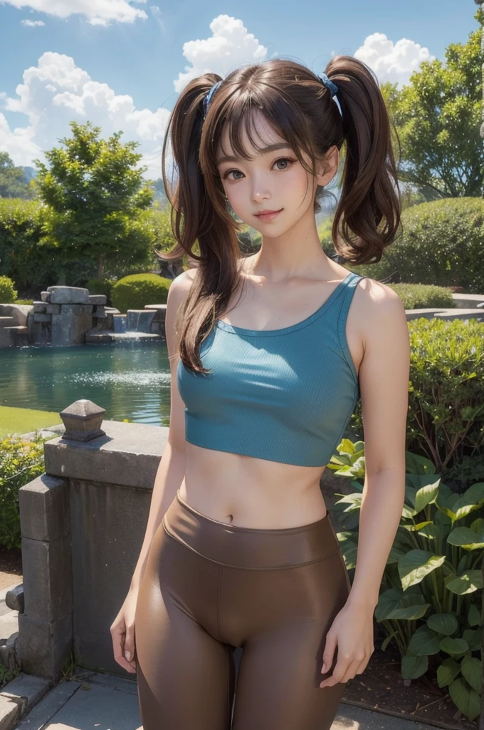 (masterpiece, Highest quality, 8K, High resolution),(Realistic skin texture, Perfect Face, Realistic, Perfect hands, Perfect finger count, Japanese, Girl), (18-year-old), Big Eyes, Brown eyes, Light brown hair, bangs, Twin tails, hair accessory, Small face, Smile, ((Tube top, leggings, Cameltoe)), Are standing, Cute pose, garden, wood々, Blue sky and clouds