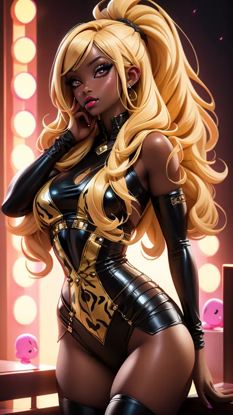 blonde, female, dark skin, hourglass figure, gyaru, animal print, neon, thick lips, unintended sensual