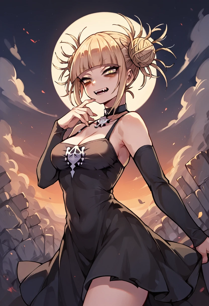 Himiko toga in a war landscape and dressed in a sexy and revealing gothic black dress (whole body) 