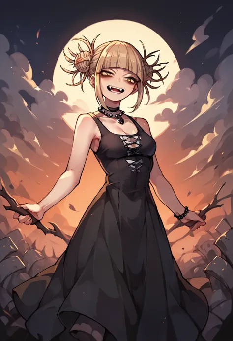 himiko toga in a war landscape and dressed in a sexy and revealing gothic black dress (whole body)