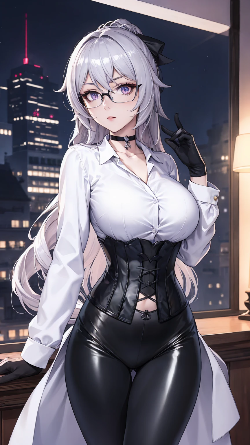 Masterpiece, Beautiful art, professional artist, 8k, detailed body, Very detailed face, very detailed eyes, Detailed clothing, detailed fabric, Best Quality, better resolution, 1 girl, bronya zaychik \(Honkai Impact 3rd\), front view, standing, big breasts, serious expression, At night , long silver hair, glasses, choker:1.6, (white collar button down long sleeve shirt), (shiny black corset), black gloves that cover your hands, (shiny black leggings), looking at the viewer, elegant room, At night