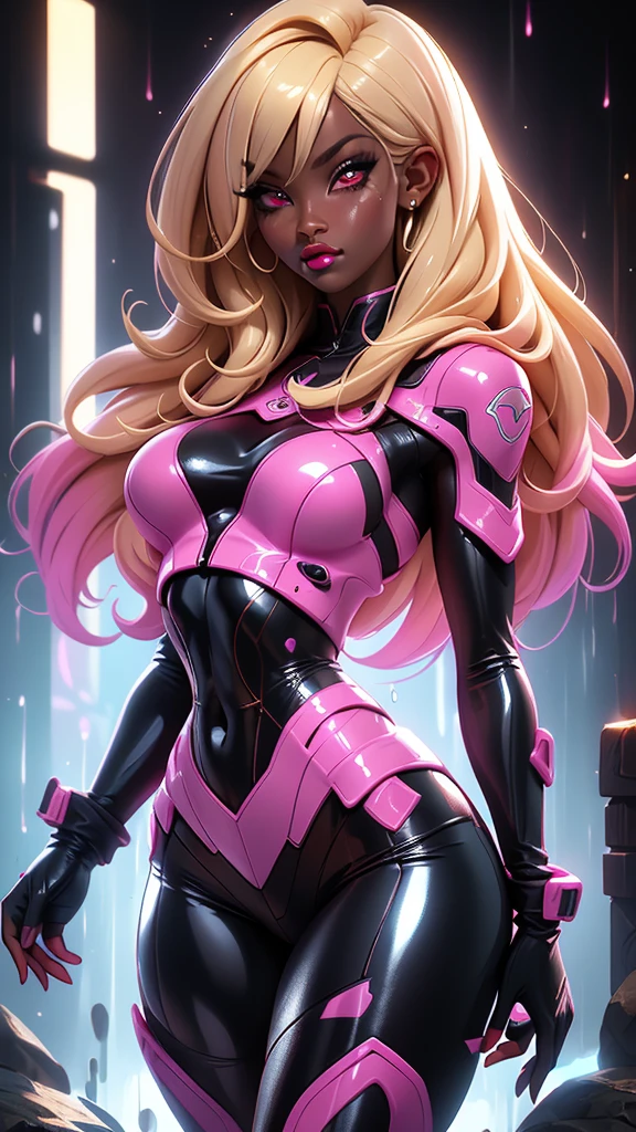 blonde, female, dark skin, hourglass figure, gyaru, animal print, neon, thick lips, pink lipstick, red lipstck, unintended sensual, wet hair, wet clothes, wet skin, shiny skin, shiny hair, shiny clothes, glowing lips, slender abs, skinny abs, slim waist