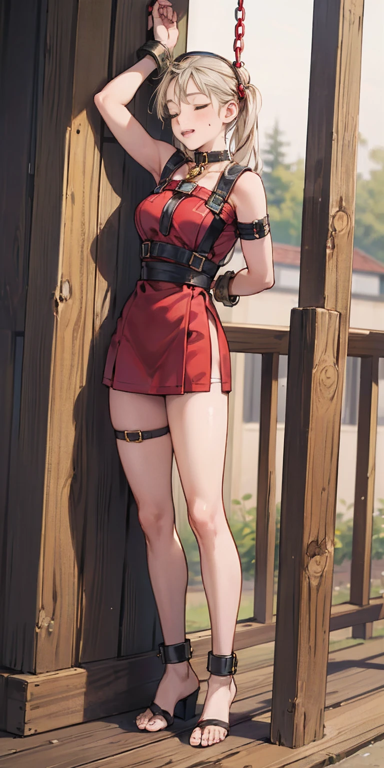 (masterpiece, best quality), intricate details, 1girl, Cammy White from Street Fighter (standing full body toe to head by wooden pole:1.2) iron collar, arms behind back, iron cuffs, shackles, bound, bondage outfit, harness, O-ring, bondage outfit blindfolded cover eyes, happy red cheeks, chain leash collar choker neck bell shackles wristbands bracers bracelets, cleave gag