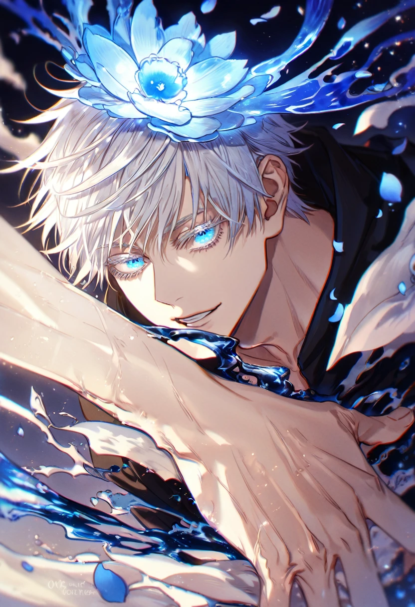 Extrem detailliert, HDR, Highres, absurdesten, Meisterwerk, Gojou Satoru, weiße Haare mit Pony, ausdrucksstarke blaue Augen, weiße Wimpern, Jujutsu Kaisen, Gutaussehend, sexy Mann, Allein, Unbegrenzte Leere, blaues Wasser, Fantasie, magisch, Verfluchte Energie, blaue Aura, Blaue Blütenblätter, Gutaussehend smile, beste Qualität, blauer Mond, Vergissmeinnicht Blumen, innerer Bereich,