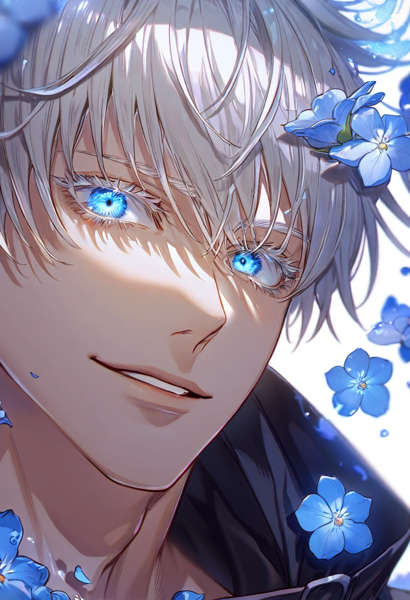 Ultra detailed, HDR, Highres, absurdres, master piece, Gojou Satoru, white hair with bangs, expressive blue eyes, white eyelashes, Jujutsu Kaisen, handsome, sexy man, solo, unlimited void, blue water, fantasy, magical, cursed energy, blue aura, blue petals, handsome smile, best quality, blue moon, forget-me-not flowers, inner domain,