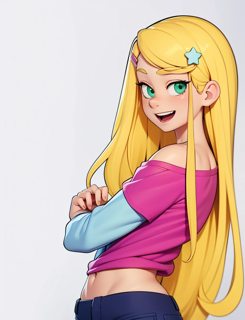 score_9, source_cartoon, 1girl, solo, Kelly Marra, looking very happy, long hair, blonde hair, cute green eyes, hair ornament, hairclip, blue pants, white star (symbol) in the middle of the shirt, Pink off shoulder t-shirt with white long sleeves,
