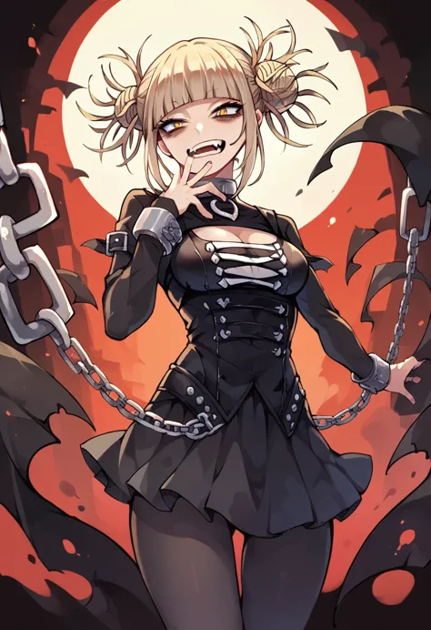 himiko toga in an underworld landscape and dressed in a sexy gothic black outfit, with black tights and skirt with chains and re...