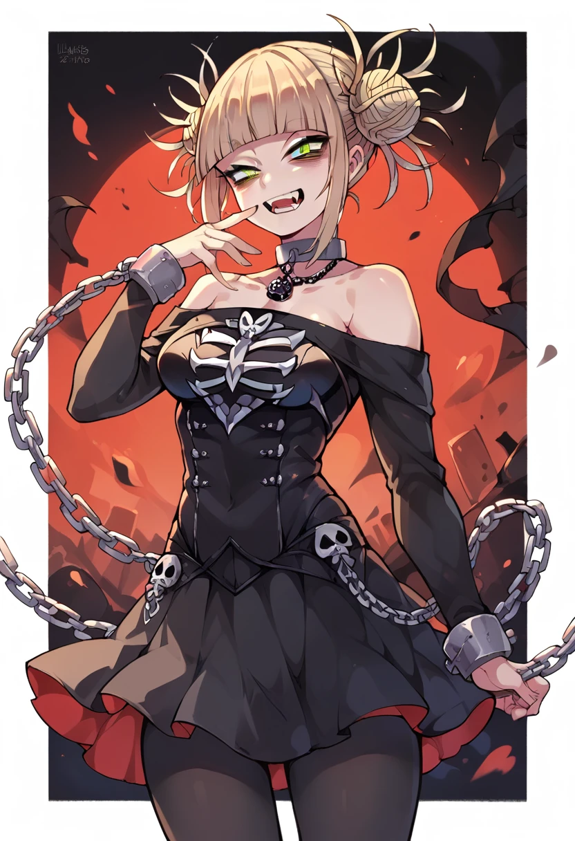 Himiko toga in an Underworld landscape and dressed in a sexy gothic black outfit, with black tights and skirt with chains and revealing (whole body) 