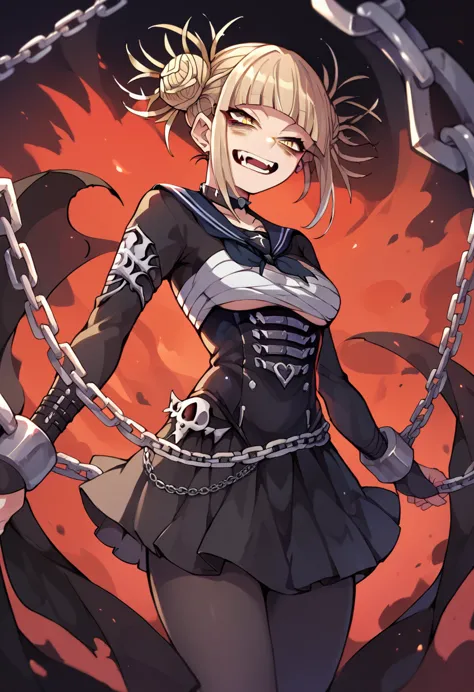 himiko toga in an underworld landscape and dressed in a sexy gothic black outfit, with black tights and skirt with chains and re...