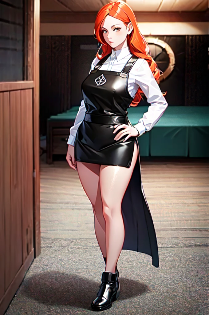 A young female tavernkeeper , red-haired, blonde brown hair, wear a short tight dress with a leather apron, 21 years old, DND, medieval fantasy, (best quality,4k,8k,highres,masterpiece:1.2), ultra-detailed, anime:1.37), vibrant, 