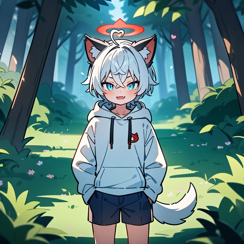 （masterpiece：1.2，high quality），8K，High resolution，A seven-year-old boy，cute boy，white hair，short hair，crossed bangs，light blue eyes，slit pupils，heart ahoge，black ears，cat ears，evil smile，skin fang，red halo，Wearing a white hoodie，Dark blue shorts，Stand in the forest，There are flowering trees on both sides.，primary school student，thigh，alone，dog tail，（Put your hands in your pockets），（（Put your hands in your pockets））