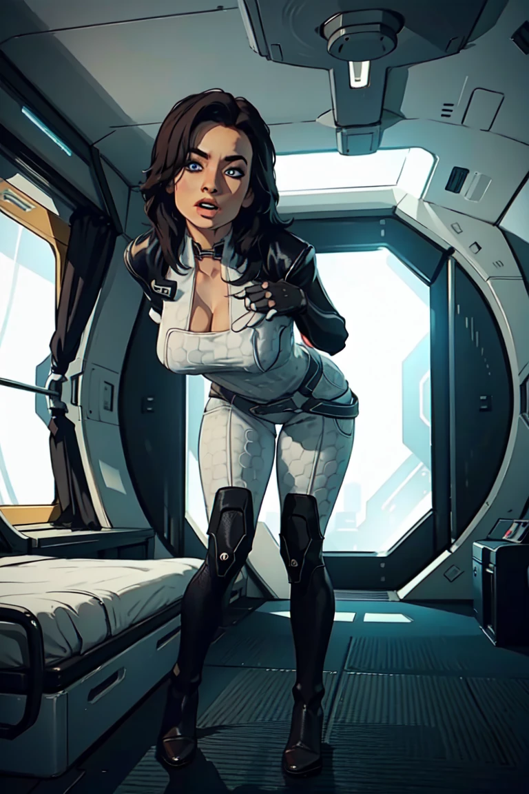 masterpiece, high detailed, best quality, highres:1.2, 1girl, solo, mature girl, Miranda Lawson, black hair, long hair, pretty face, blue eyes, bodysuit, choker, gloves, belt, boots, large breasts, cleavage, looking at viewer, indoors, spaceship interior, bedroom, standing, leaning to the camera, sexy pose, natural feminine hands, natural legs, full body shot, curious face expression, opened mouth