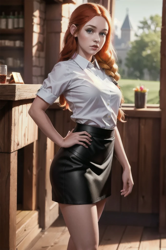 Medieval Waitress, A young female tavernkeeper , red-haired, blonde brown hair, wear a short tight dress with a leather apron, 21 years old, DND, medieval fantasy, (best quality,4k,8k,highres,masterpiece:1.2), ultra-detailed, anime:1.37), vibrant, 