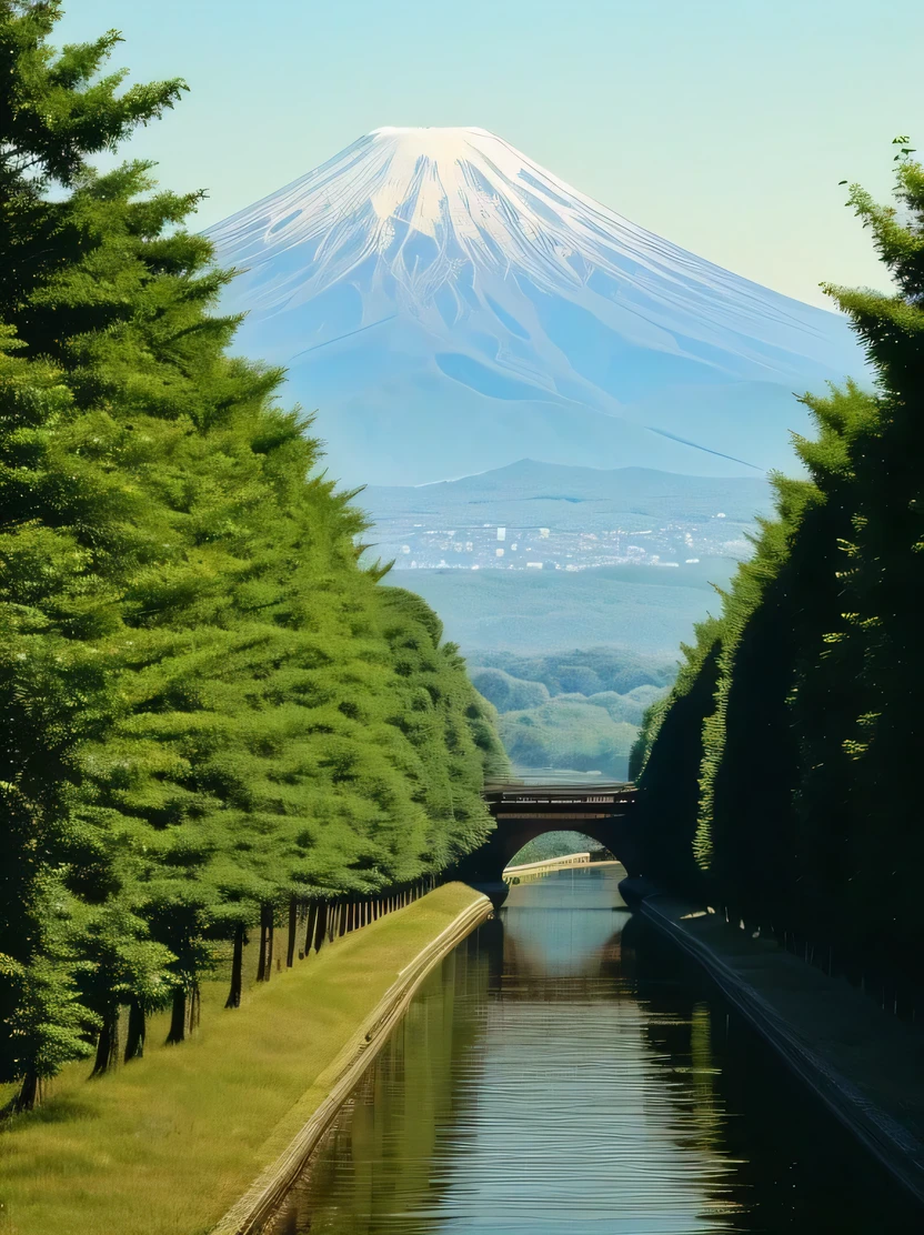 ((masterpiece、Highest quality、Very detailed、High resolution、Realistic、Sharp focus))、((No humans))、Japanese Landscape、Ukiyo-e、Outdoor、Tokyo Future City、Mt. Fuji in the background