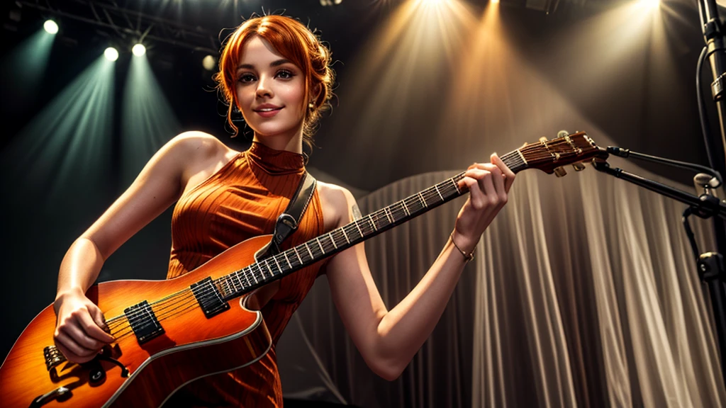 masterpiece, best quality, extremely detailed, hyperrealistic:1.1, photorealistic, a pretty 20s french model, ultra detailed face:1.2, pale skin, orange hair, red mock neck sleeveless dress, half updo, shoulder tattoo, playing a guitar on live stage:1.2, stage lighting, rock band, perfect hands, perfect fingers, smiling