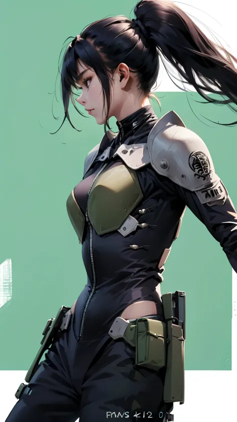 Black Hair、ponytail、22 years old、woman、Asian、Battle Suit、Simple background profile、Upper Body、