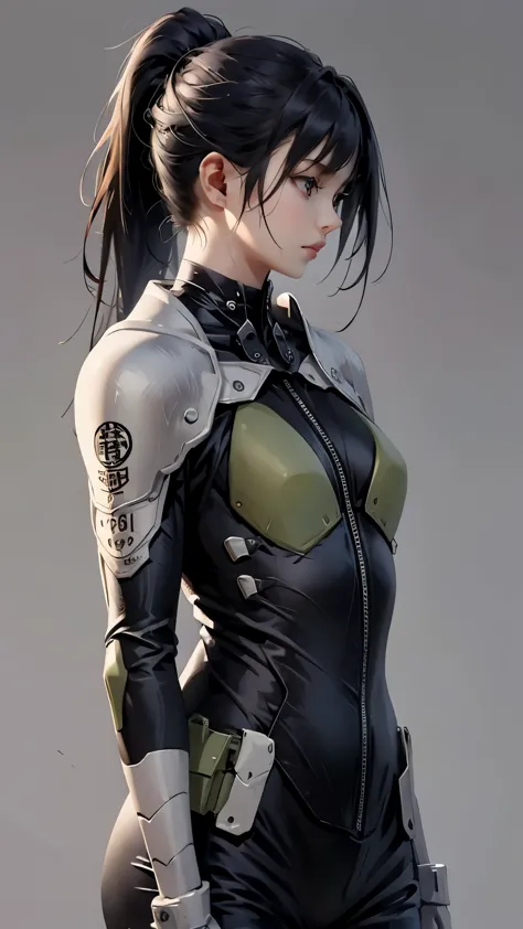 Black Hair、ponytail、22 years old、woman、Asian、Battle Suit、Simple background profile、Upper Body、