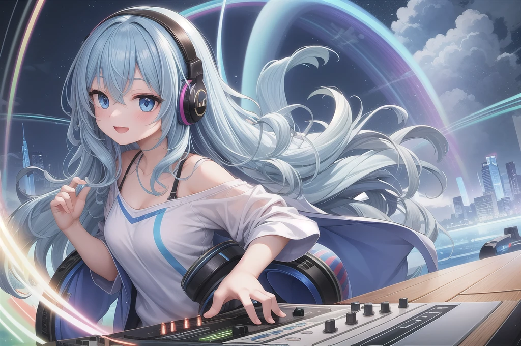 One girl, alone, 20-year-old, Light blue eyes, Blue Hair, Long, beautiful wavy hair, smile, Nice casual clothes, grassland, headphone, Detailed DJ equipment, djing, Beautiful rainbow, masterpiece, Fine Fingers, 最high quality:1.4, high quality, detailed