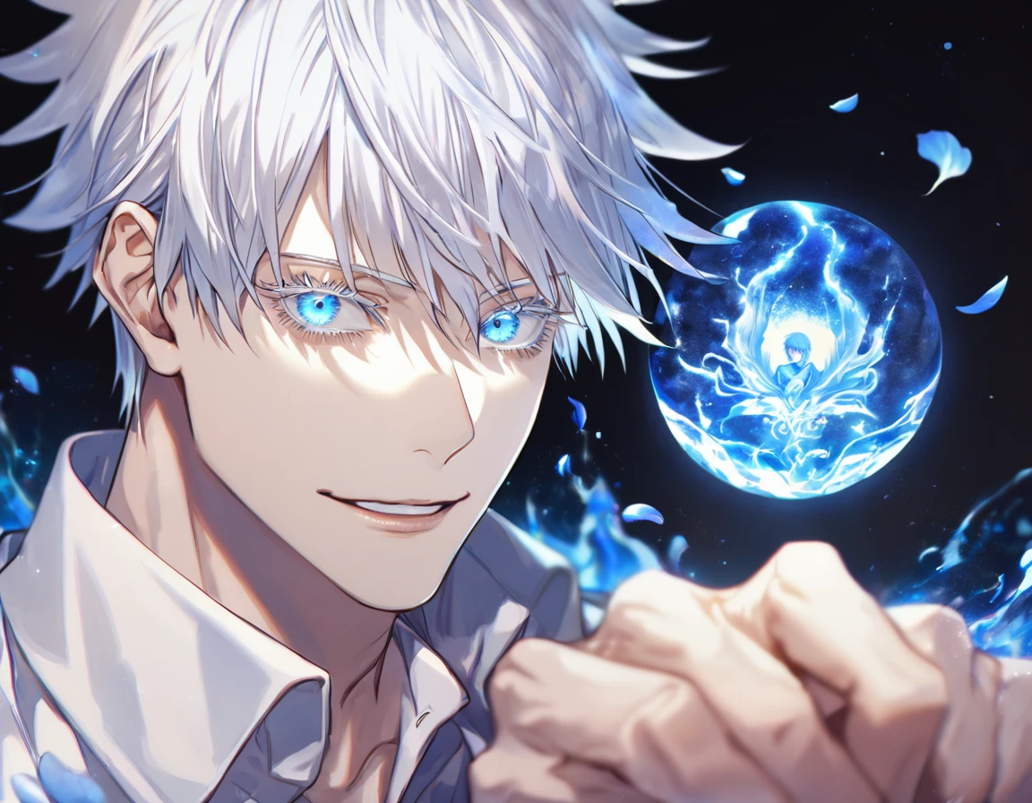 Ultra detailed, HDR, Highres, absurdres, master piece, Gojou Satoru, white hair with bangs, expressive blue eyes, white eyelashes, Jujutsu Kaisen, handsome, sexy man, solo, unlimited void, blue water, fantasy, magical, cursed energy, blue aura, blue petals, handsome smile, best quality, blue moon, forget-me-not flowers, inner domain,