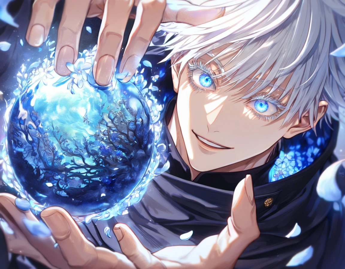 Ultra detailed, HDR, Highres, absurdres, master piece, Gojou Satoru, white hair with bangs, expressive blue eyes, white eyelashes, Jujutsu Kaisen, handsome, sexy man, solo, unlimited void, blue water, fantasy, magical, cursed energy, blue aura, blue petals, handsome smile, best quality, blue moon, forget-me-not flowers, inner domain,