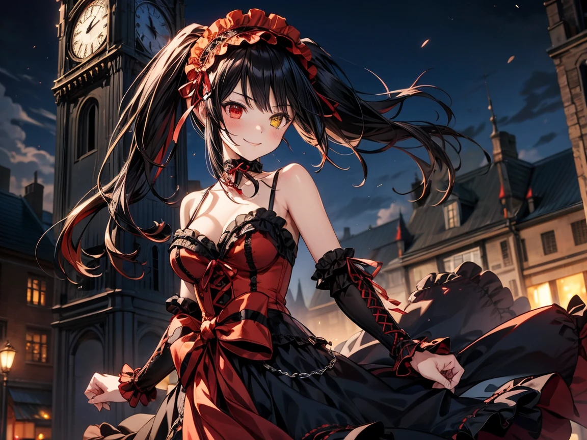 Very detailed, highest quality, masterpiece, gravure body type, medium breasts, moody angle, cowboy shot,( 1girl, solo:1.5), aakurumi, long hair, twintails, hairband, heterochromia, medium breasts, cleavage, black choker, red ribbon, bare shoulders, gothic, red dress, red bow, detached sleeves, very detailed background, outdoors, smile, Confident posture, night, city,( Clock tower in the background), wind