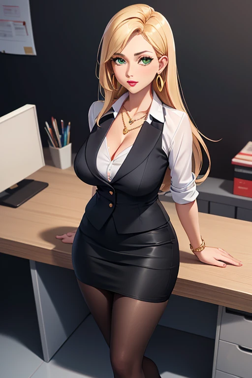 ((masterpiece, best quality)), 1female, solo, (middle-aged woman:1.2), mature female, milf, solo, (cleavage:0.6), long blonde hair, green eyes, tan olive skin,  mascara, red lipstick, looking at viewer, (wide hips:1.2), (office lady, office:1.5),(Wearing: Black business vest, red undershirt, gem necklace, golden earrings, tight black skirt, black pantyhose, black heels:1.2), (look from above:1), (big breasts:0.8), looking at viewer,(plump:0.9), cowboy shot, closed lips, closed mouth,
