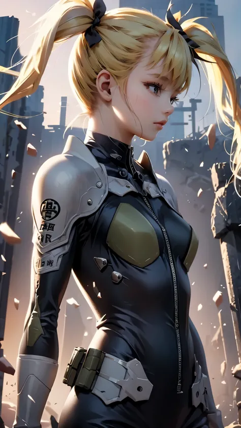 Blonde、Twin tails、22 years old、woman、Asian、Battle Suit、Tokyo、profile、Upper Body、solo、ruins、