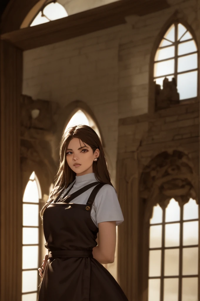 A young female tavernkeeper, blonde brown hair, wearing a short tight dress with a leather apron, 21 years old, medieval fantasy, 1girl, extremely detailed eyes and face, beautiful detailed eyes, beautiful detailed lips, longeyelashes, detailed medieval dress, leather apron, barmaiddress, fantasy character, highly detailed, 8k, photorealistic, masterpiece, dynamic pose, natural lighting, vibrant colors, cinematic, moody, dramatic lighting