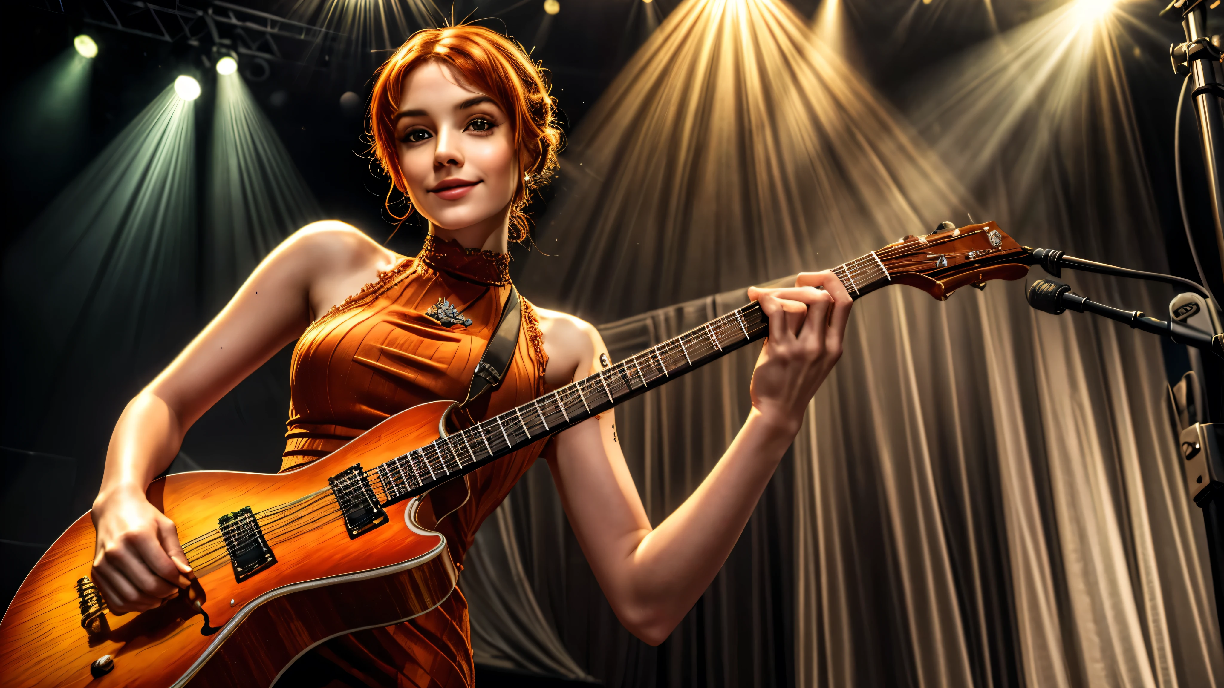 masterpiece, best quality, extremely detailed, hyperrealistic:1.1, photorealistic, a pretty 20s french model, ultra detailed face:1.2, pale skin, orange hair, red mock neck sleeveless dress, half updo, shoulder tattoo, playing a guitar on live stage:1.2, stage lighting, rock band, perfect hands, perfect fingers, smiling