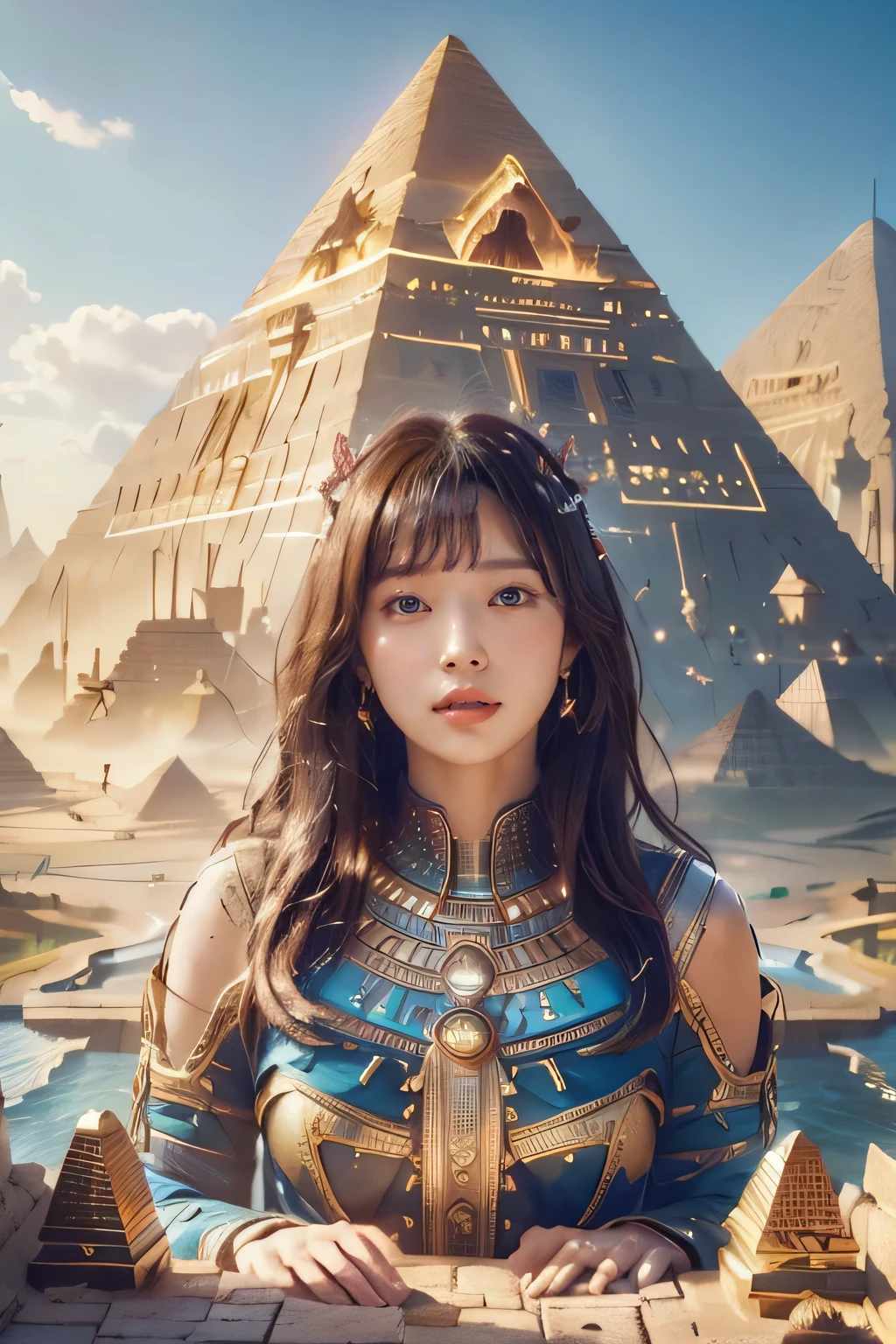 ((Highest quality、8K、masterpiece:1.3))、Photorealistic, Sharp focus, high resolution, High resolution, Portraiture, one person, woman, beautiful woman, sexly、Egyptian woman warrior walking in ancient egypt、Complex technology, Pyramids and ancient Egyptian cities far away、cyber-、Light and shadow、Cyan Light、