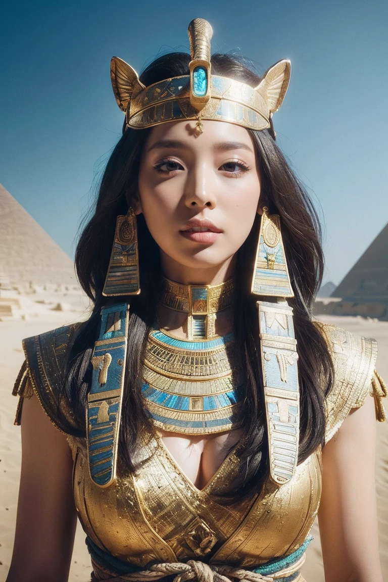 ((высшее качество、8К、шедевр:1.3))、Фотореалистичный, Острый фокус, Высокое разрешение, Высокое разрешение, Портретная живопись, один человек, женщина, beautiful женщина, сексуальный、古代エジプトを歩くエジプトのженщина戦士、Сложная технология, Пирамиды и древние египетские города далеко、кибер-、Свет и тень、голубой свет、