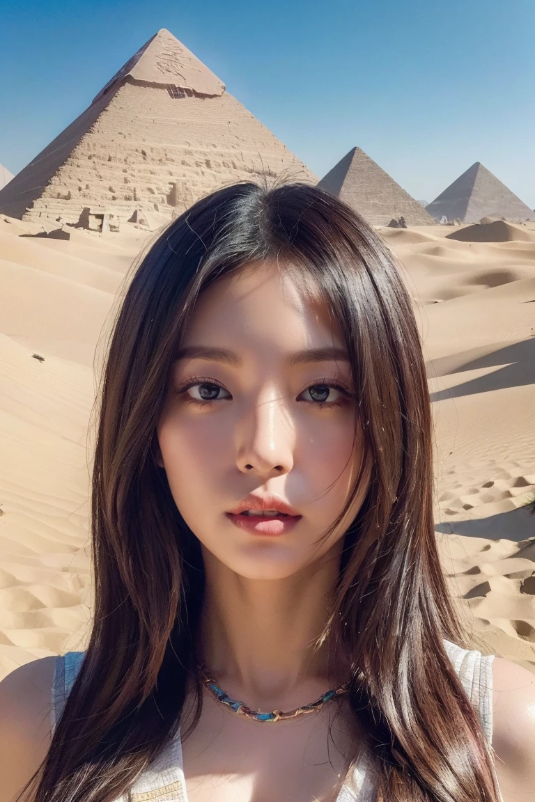 ((Highest quality、8k、masterpiece:1.3))、Photorealistic, Sharp focus, high resolution, High resolution, Portraiture, one person, woman, beautiful woman, sexly、Egyptian woman warrior walking in ancient egypt、Complex technology, Pyramids and ancient Egyptian cities far away、cyber-、Light and shadow、Cyan Light、