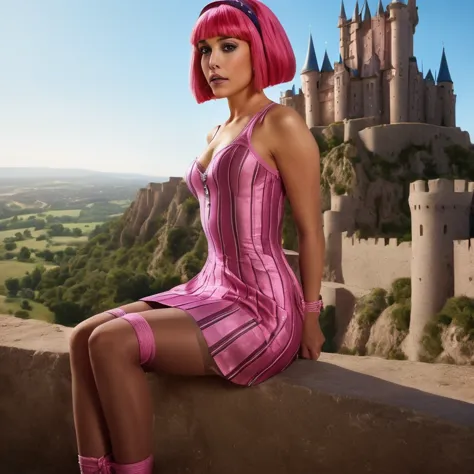 stephanie a girl, with pink hair and a pink wig, AS-Young zrpgstyle stephanie, pink striped dress stockings standing on the edge...