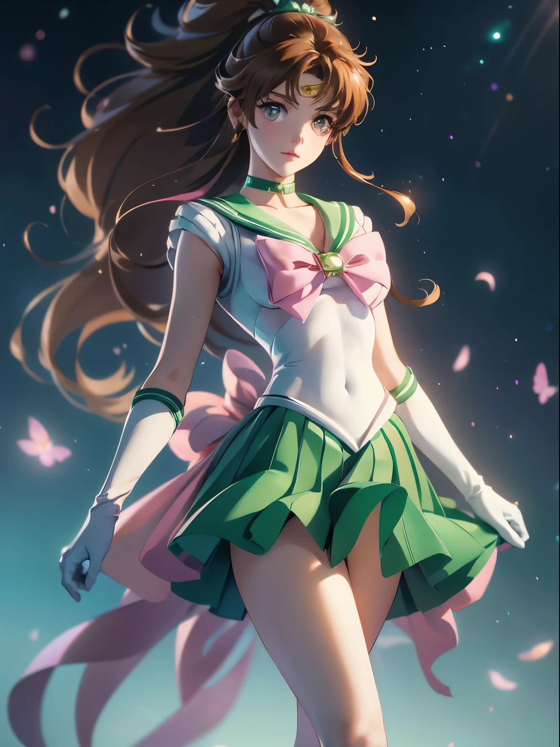 sailor jupiter, 1 girl, brown hair, long hair, brown eyes, detailed eyes, simple background, female focus, alone, Standing, Makoto Kino, portrait, full body, (Masterpiece:1.0), (best quality:1.0) , (wallpaper 8k:1.0), (detailed beautiful face:1.0), (detailed deep eyes), deep eyes, looking at viewer, sailor scout, pink bow on chest, green skirt, white gloves,