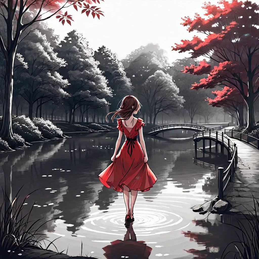 A young and beautiful maiden，Wearing a red dress，Walking alone by the lake in the park。Line drawing style，Suspenseful dark style。