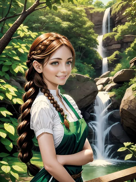 1 girl, (elven:0.7) woman,  green eyes, auburn waterfall braid, Brown hair, portrait, solo, upper body, looking away, detailed b...