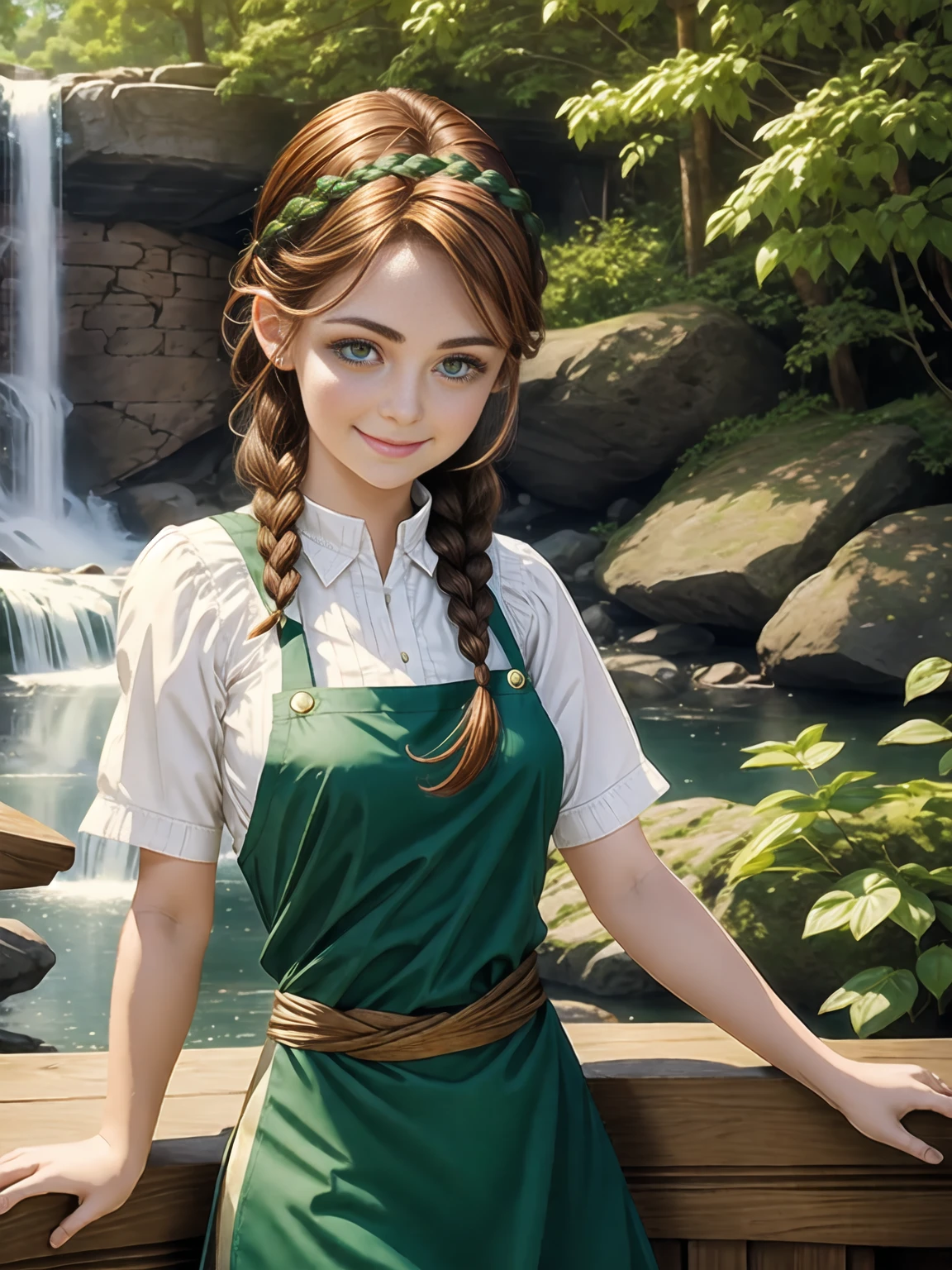 1 girl, (elven:0.7) woman,  green eyes, auburn waterfall braid, Brown hair, portrait, solo, upper body, looking away, detailed background, detailed face, smile, barkeep, simple tight dress, apron, jovial fantasy atmosphere,