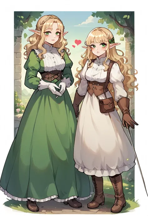 girl with long wavy hair, they are brilliant, and blonde. round green eyes, heart-shaped lips, thin eyebrows, medieval elf cloth...