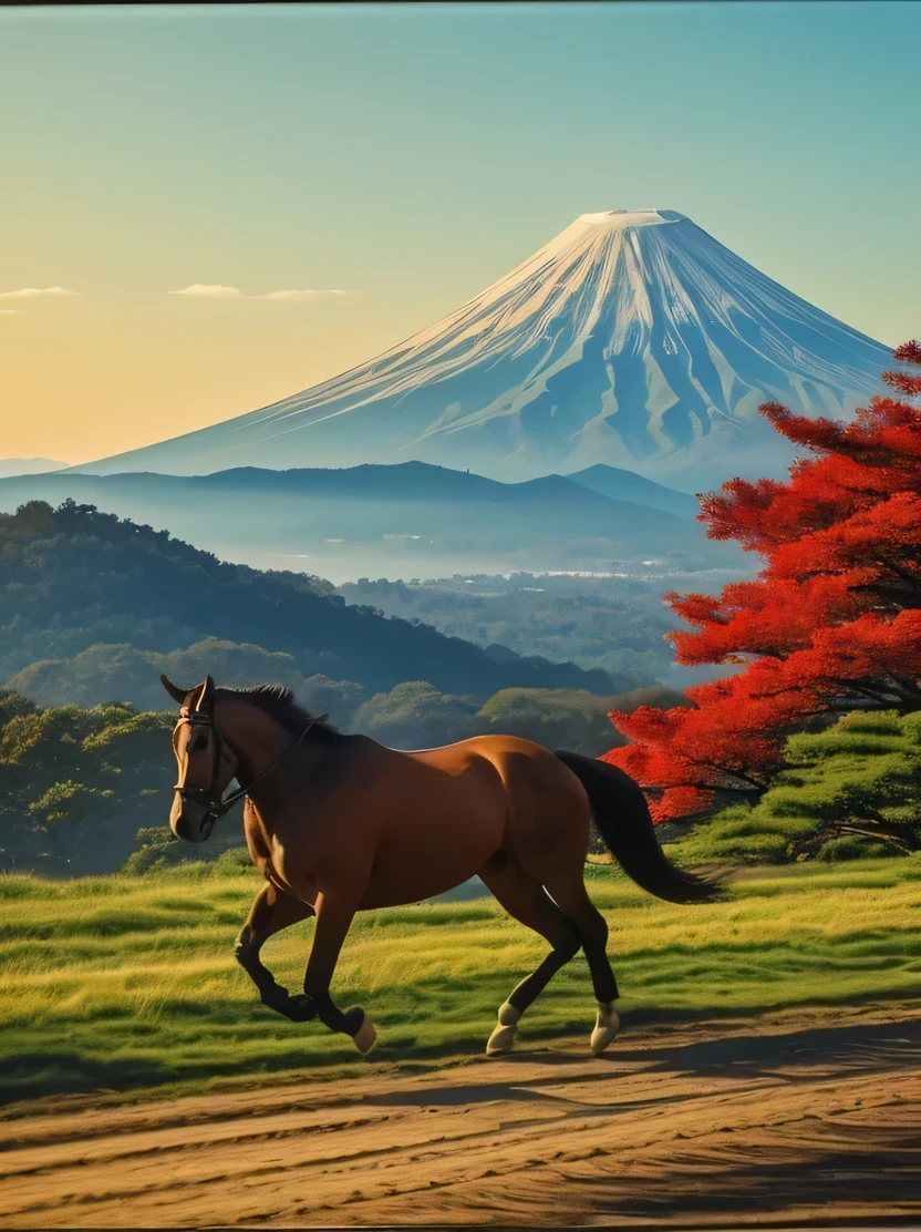 ((masterpiece、Highest quality、Very detailed、High resolution、Realistic、Sharp focus))、((No humans))、Japanese Landscape、Ukiyo-e、Outdoor、Samurai on horsebac. Fuji in the background、Cute Ukiyo-e