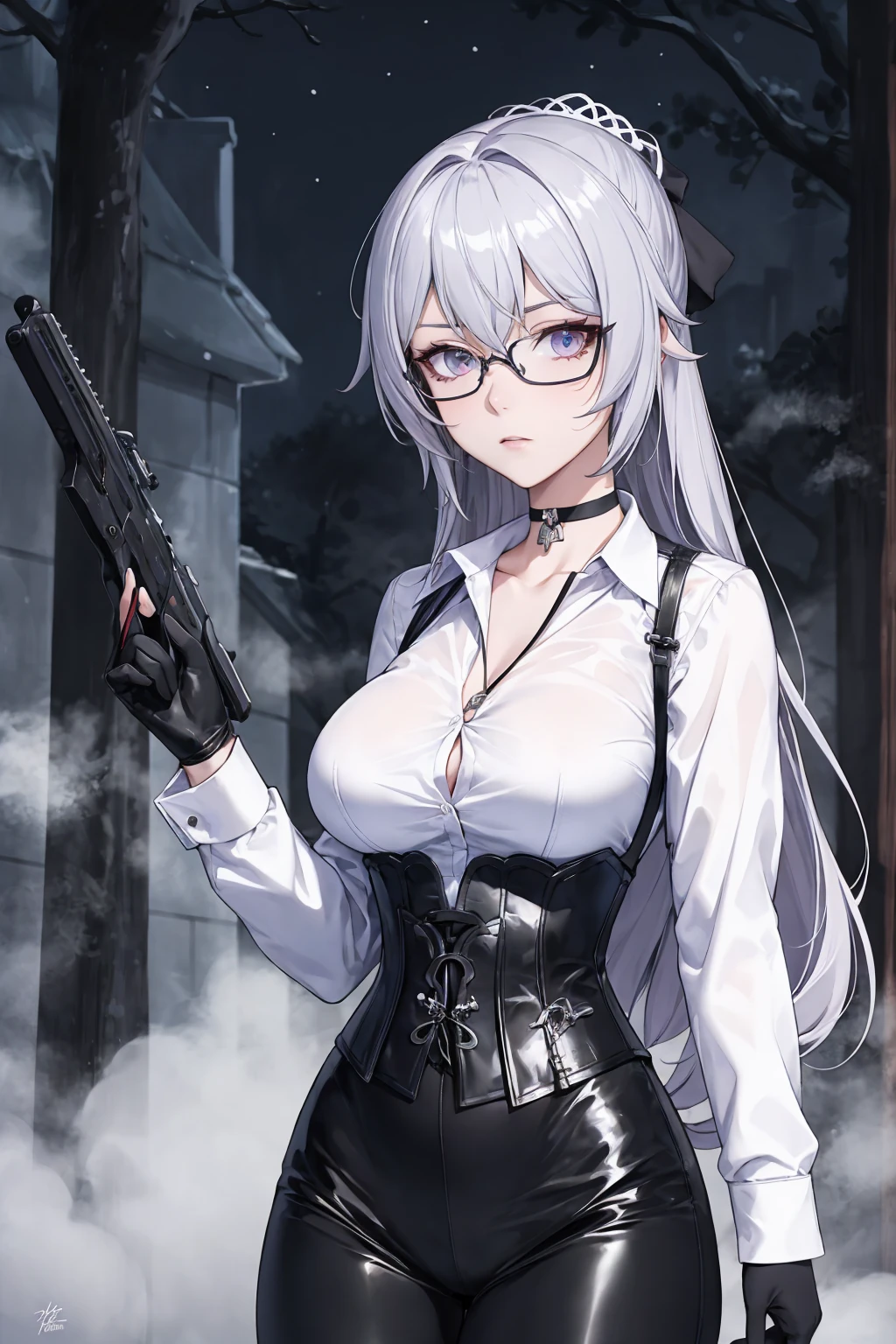 Masterpiece, Beautiful art, professional artist, 8k, detailed body, Very detailed face, very detailed eyes, Detailed clothing, detailed fabric, Best Quality, better resolution, 1 girl, bronya zaychik \(Honkai Impact 3rd\), front view, standing, big breasts, serious expression,  At night , long silver hair, glasses, choker:1.6, (white long sleeve button down shirt with white collar), (shiny black corset), black gloves that cover your hands, holding a gun in hand, (shiny black leggings), looking at the viewer, dark forest, Atmosphere, fog, At night